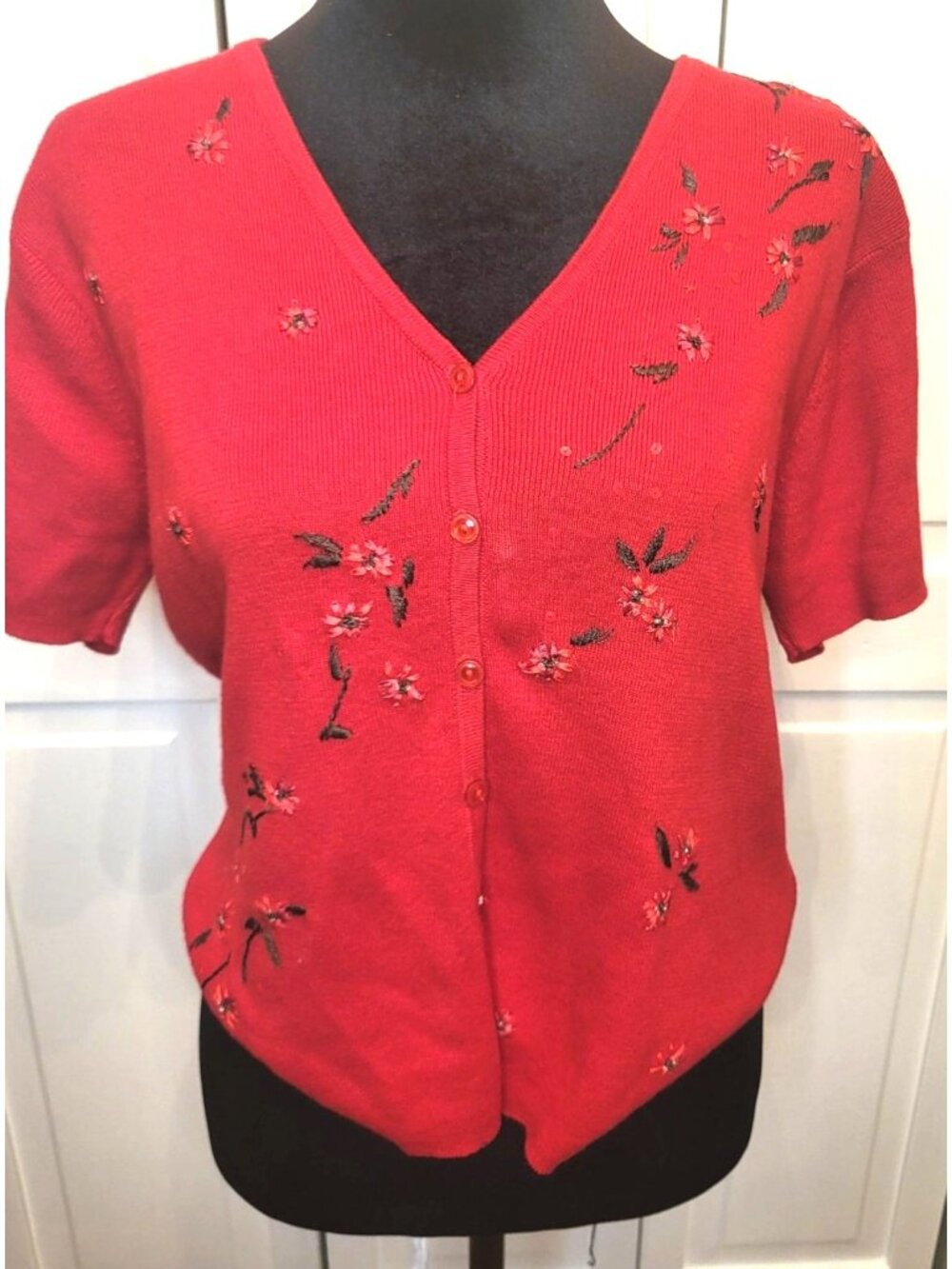 Vintage 90s R&K Originals Red Embroidered Cardigan Sequins 10 Whimsygoth Cottage